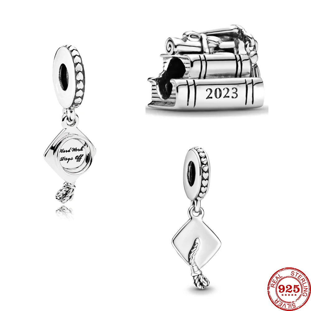 Charm colgante maestra plata 2023 – Abalorio en forma de cuaderno, lápiz y birrete para pulsera tipo Pandora mujer