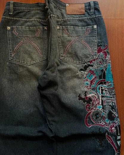 Jeans Retro Harajuku Talle Alto con Bordados – Pantalones Oversize Unisex Estilo Y2K Hip Hop Americano Street Rock Casual