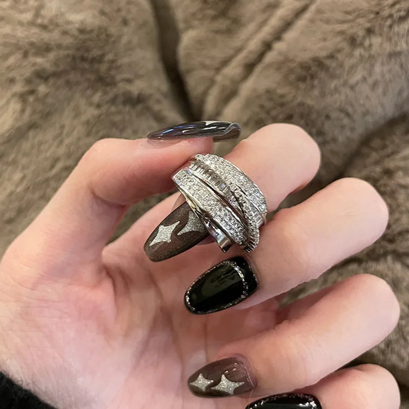 Light Luxury Inlaid Cubic Zircon Finger Ring For Women Classic Cross Design Open Ring Bride Jewelry For Engagement Wedding