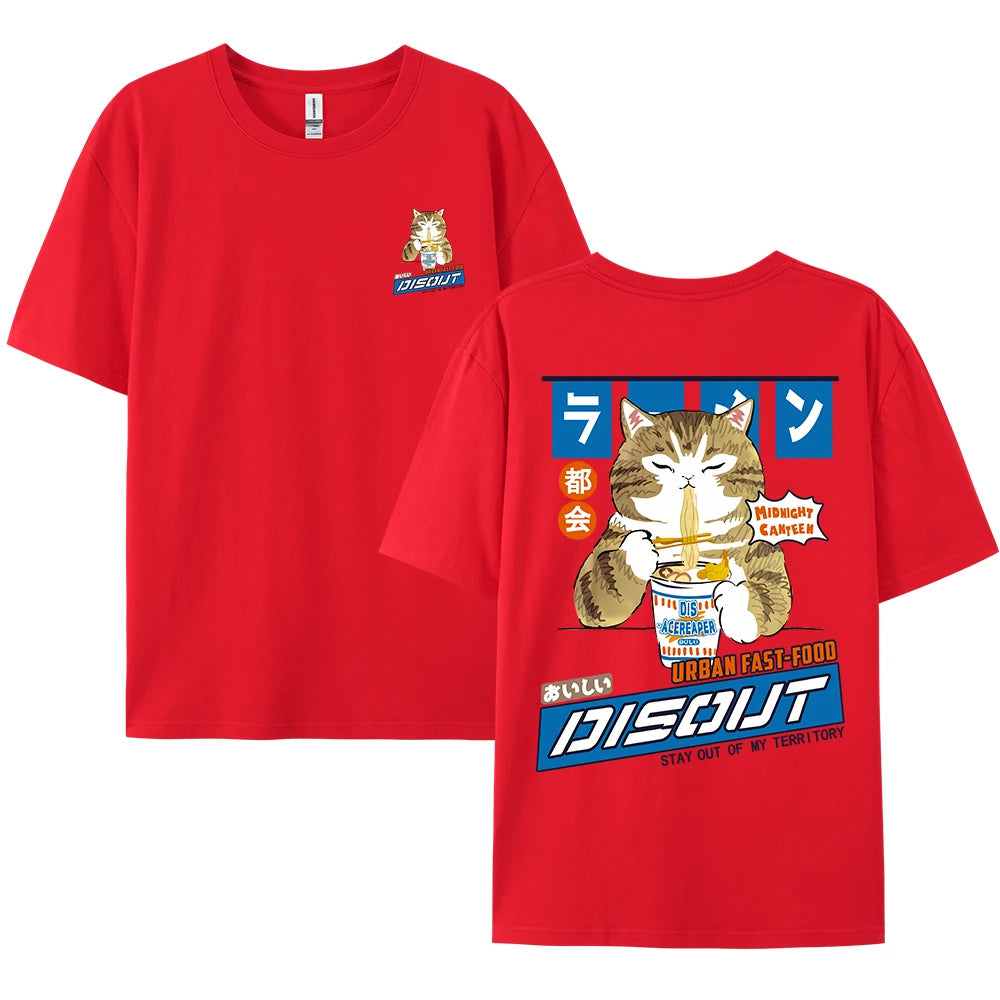 Camiseta Unisex 2025 | Estilo Harajuku con Gato y Noodles Gráfico