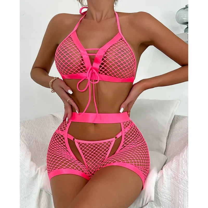 Bikini Mujer 2025 | Conjunto de Tres Piezas Sexy de Malla Transparente