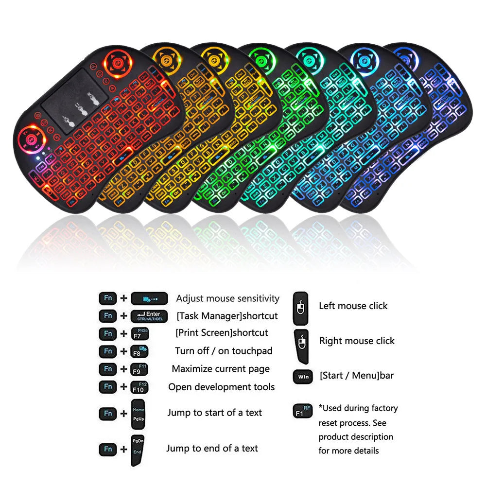 Mini Teclado Inalámbrico 2.4G con Touchpad y Retroiluminación – Air Mouse i8 Español Francés Ruso Árabe para PC, Smart TV, Android TV Box