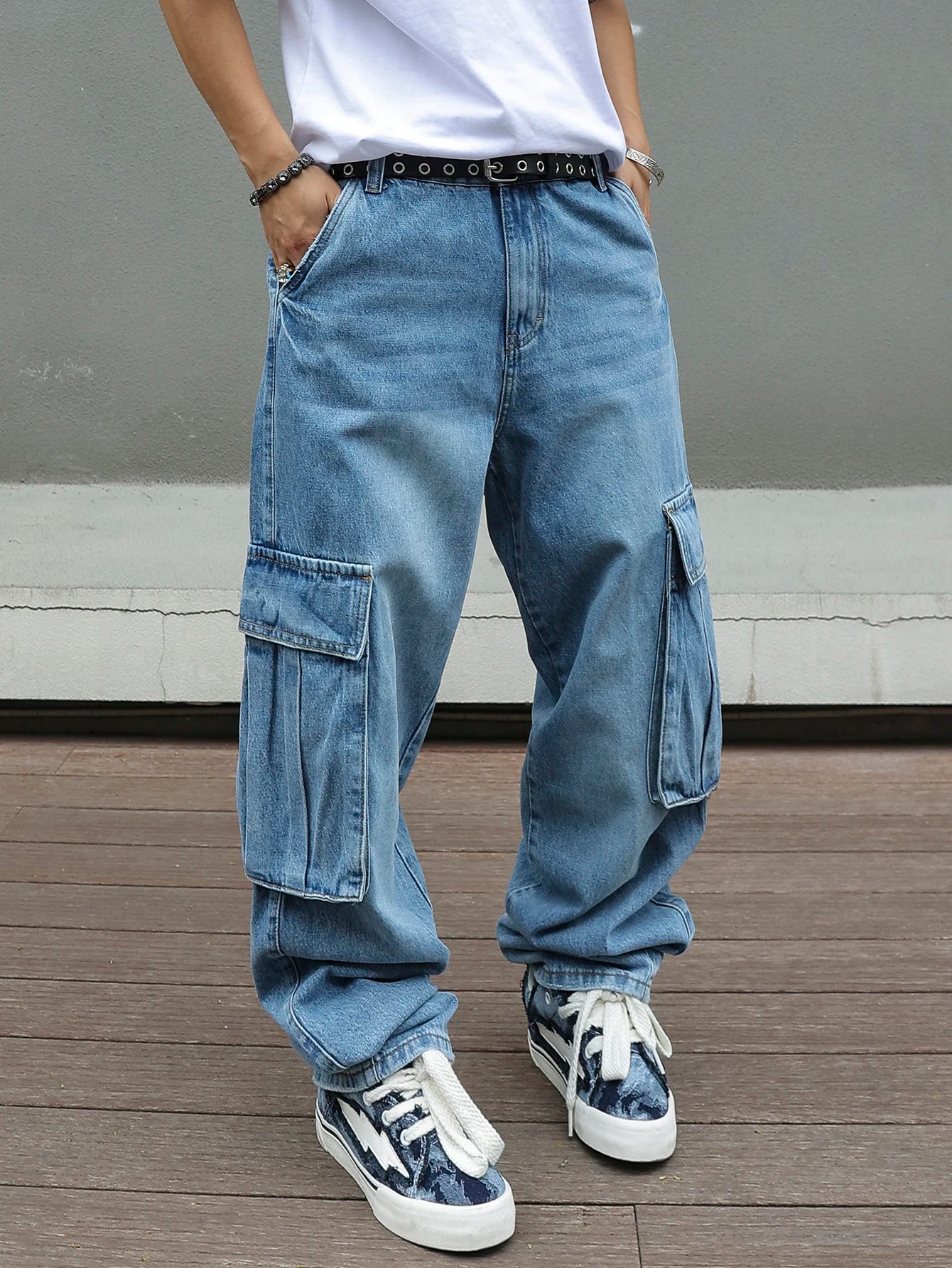 Jeans Cargo Baggy Hombre Azul Claro | Pantalón Vaquero Ancho Multibolsillos Streetwear Vintage