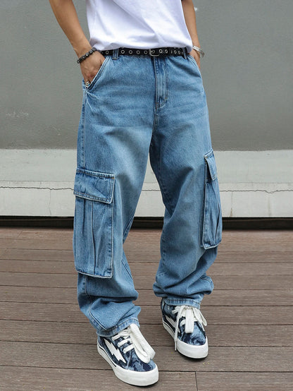 Jeans Cargo Baggy Hombre Azul Claro | Pantalón Vaquero Ancho Multibolsillos Streetwear Vintage