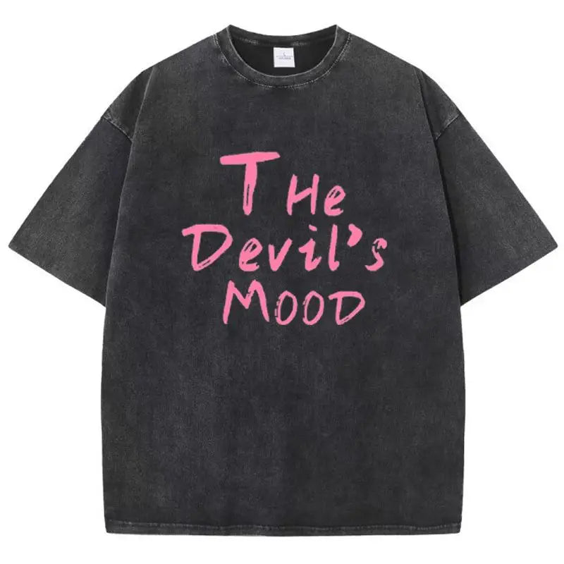 Camiseta Oversize Mujer Algodón Lavado | Estampado Letras The Devil’s Moon Casual Streetwear