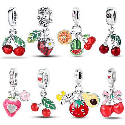 Charms de Plata 925 Frutas (Fresa, Cereza, Manzana y Aguacate) – Abalorios Coloridos para Pulseras Originales
