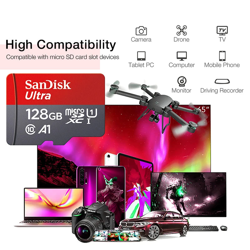 SanDisk MicroSD Class 10 UHS-1 | Tarjeta de Memoria TF 32GB 64GB 128GB 256GB Original para Smartphone, PC y Cámara