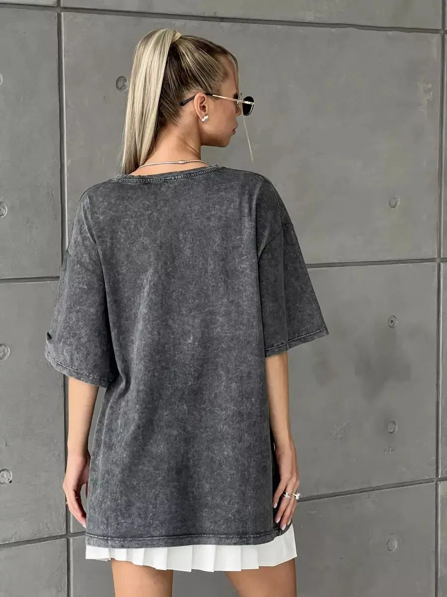 Camiseta Oversize Mujer Algodón Lavado | Estampado Leopardo Moda Y2K Manga Corta
