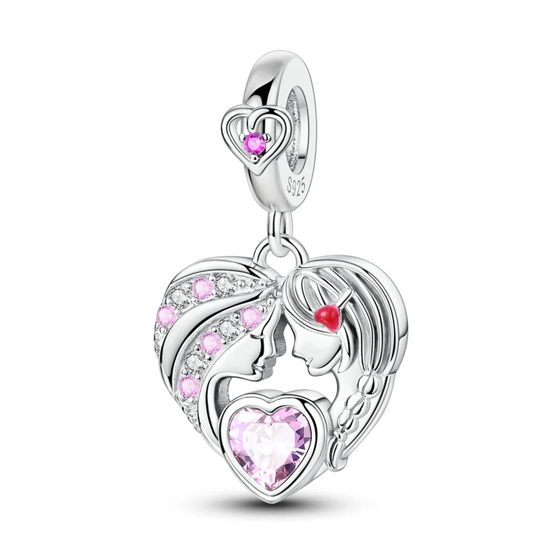 Charm Plata 925 Día de la Madre | Dije Corazón Rosa Love Mom Compatible Pandora Pulsera Collar Mujer