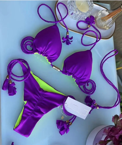 Bikini Mujer 2025 | Triángulo Multicolor Sin Espalda con Cordón