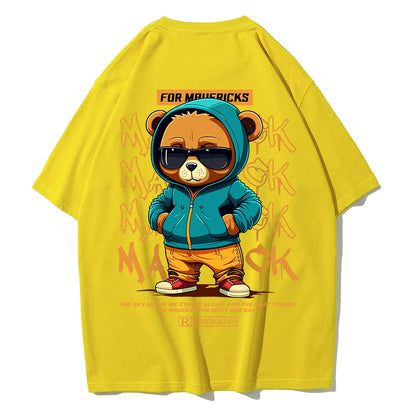 Camiseta de Algodón con Estampado de Oso – T-shirt Redonda Oversize Unisex Suelta, Transpirable y Casual