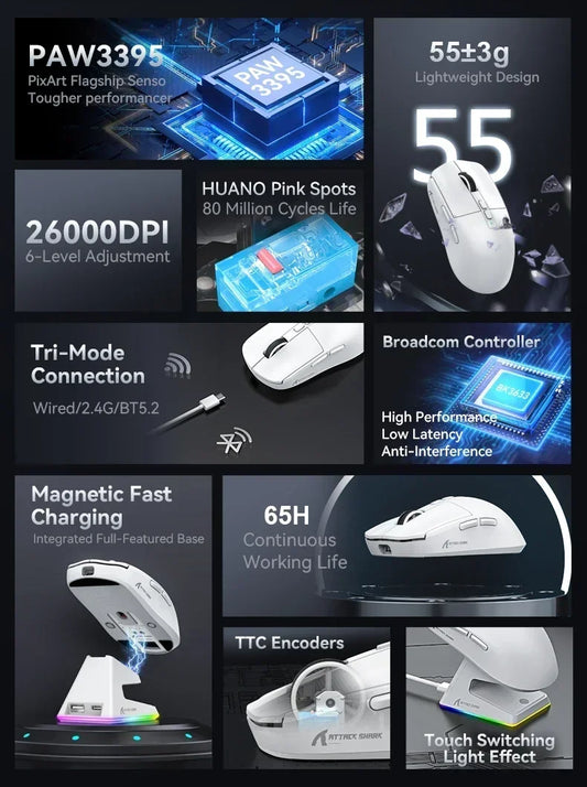 Attack Shark X6 Gaming Mouse – PAW3395, Tri-Mode Bluetooth/2.4G/Wired, RGB Base Magnética de Carga