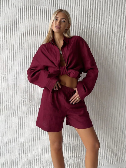 Conjunto Casual Mujer Algodón | Set Camisa Manga Larga y Pantalón con Cintura Elástica