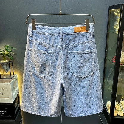 2025 new summer high-end denim shorts for men, loose straight leg oversized pants, retro embroidered five quarter pants