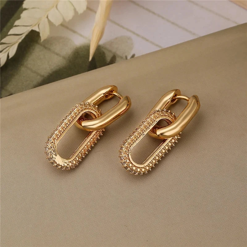 Aretes Geométricos con Brillantes – Pendientes Elípticos de Doble Aro para Mujer, Joyería Elegante de Fiesta