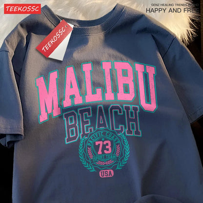 Camiseta Oversize Malibu Beach – T-shirt Casual Unisex con Estampado de Letras, Algodón, Cuello Redondo