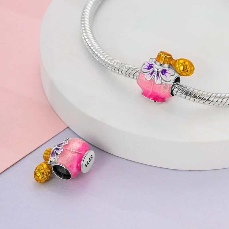 Charm Botella de Perfume en Plata 925 con Corona Rosa – Abalorio Romántico para Pulseras Tipo Qikaola, Regalo San Valentín