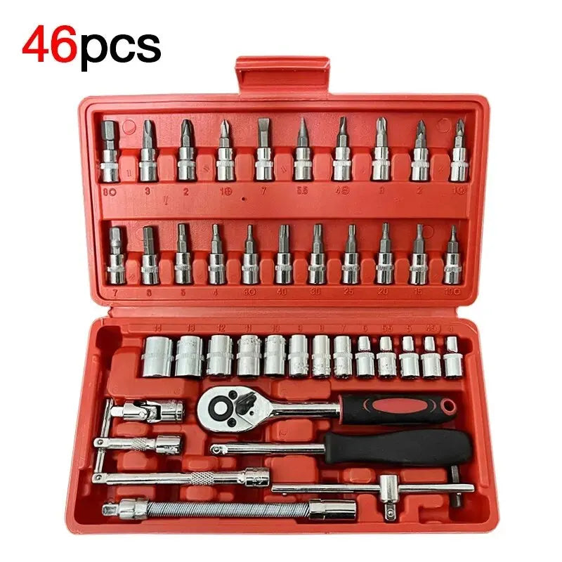 46PCS Juego de Herramientas Mecánicas con Llave de Trinquete, Vasos, Destornillador y Dados para Auto, Moto y Bicicleta
