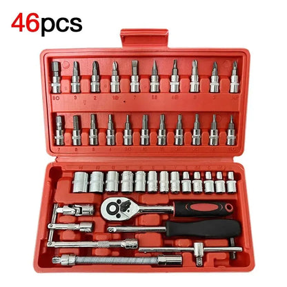 46PCS Juego de Herramientas Mecánicas con Llave de Trinquete, Vasos, Destornillador y Dados para Auto, Moto y Bicicleta