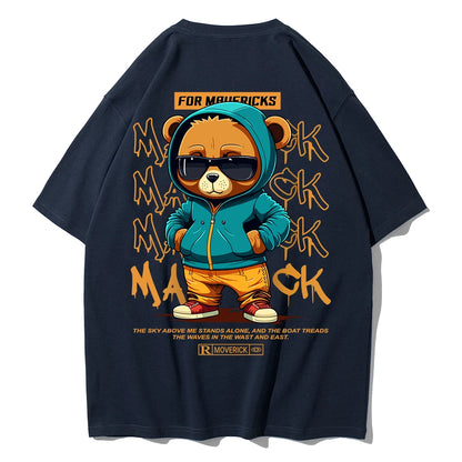 Camiseta de Algodón con Estampado de Oso – T-shirt Redonda Oversize Unisex Suelta, Transpirable y Casual