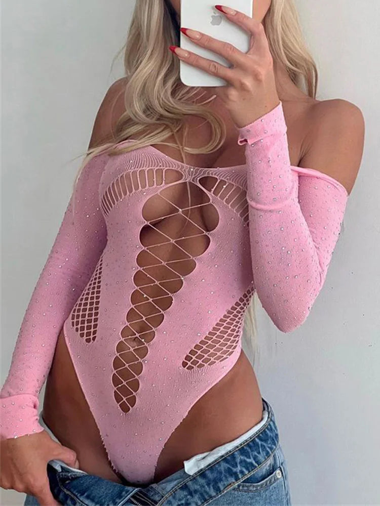 Body Mujer 2025 | Lencería Sexy de Malla Brillante con Rhinestones y Manga Larga