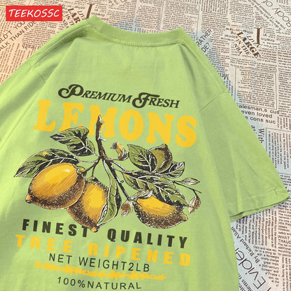 Camiseta Oversize Mujer Verano | Algodón Estampado Limones y Cerezas Casual
