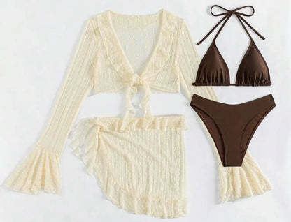Bikini 4 Piezas Mujer 2025 | Traje de Baño Sexy con Cover Up Manga Larga Estilo Brasileño