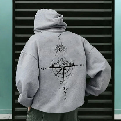 Hoodie Vintage Brújula – Sudadera con Capucha Hombre, Manga Larga, Estilo Casual Deportivo