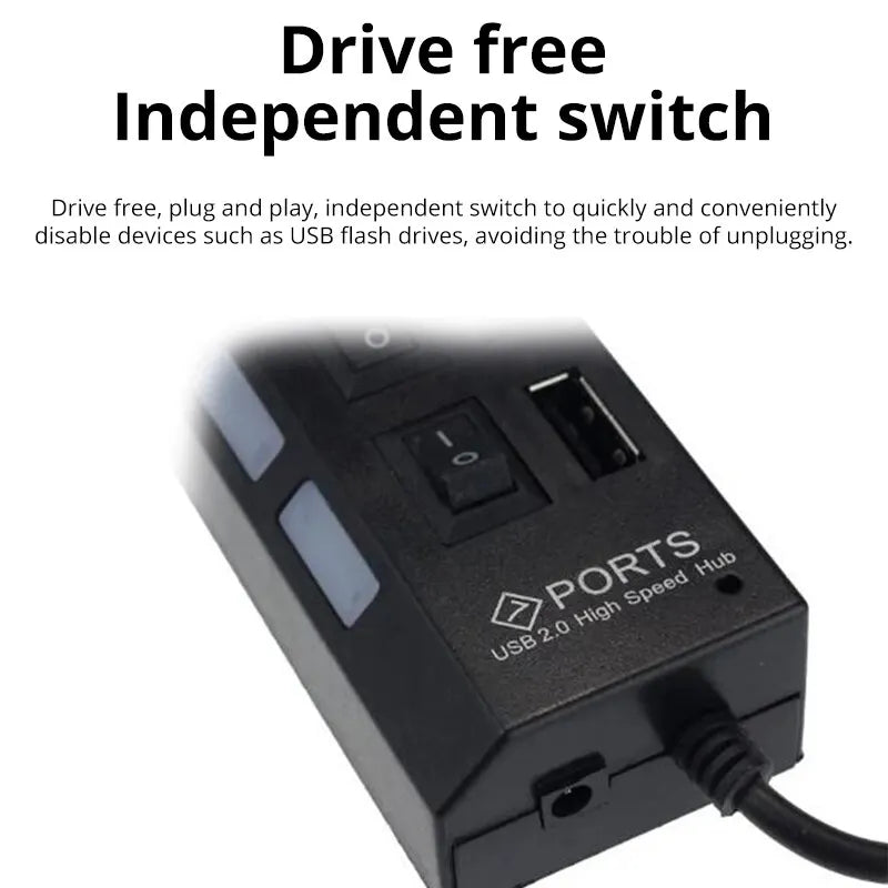 Coolcirc Hub USB 2.0 con 7 Puertos y Switch Individual | Extensor USB para PC, Laptop y Desktop
