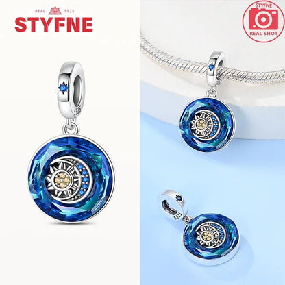 Charm Astrolabio Sol Luna Estrella Azul en Plata 925 – Beads Compatibles Pandora Mujer Joyería DIY