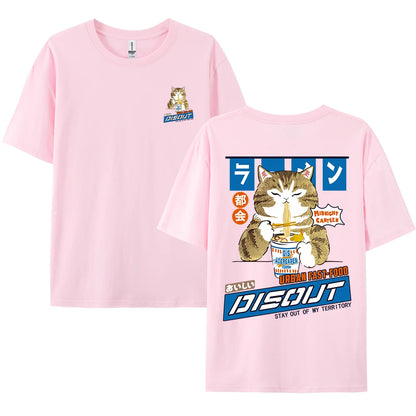 Camiseta Unisex 2025 | Estilo Harajuku con Gato y Noodles Gráfico