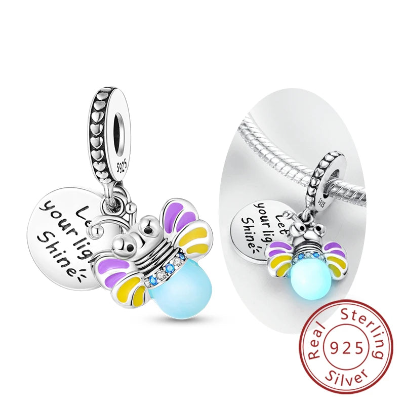 Charm de Plata 925 Luciérnaga y Mariposa Luminoso – Abalorio Brillante para Pulseras Originales