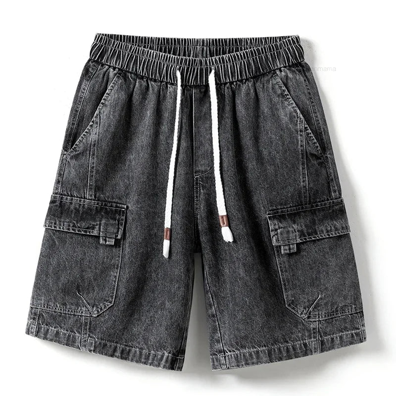 Shorts Vaqueros Oversize Hombre Estilo Coreano | Bermudas Cargo Baggy con Cintura Elástica Azul Gris Verano