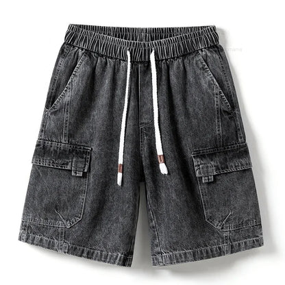 Shorts Vaqueros Oversize Hombre Estilo Coreano | Bermudas Cargo Baggy con Cintura Elástica Azul Gris Verano