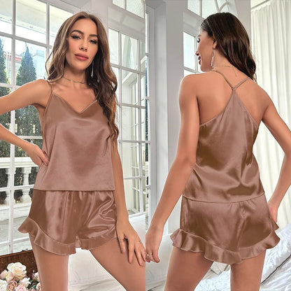 Pijama Sexy Mujer Satén y Encaje | Set 2 Piezas Top Sin Mangas + Shorts