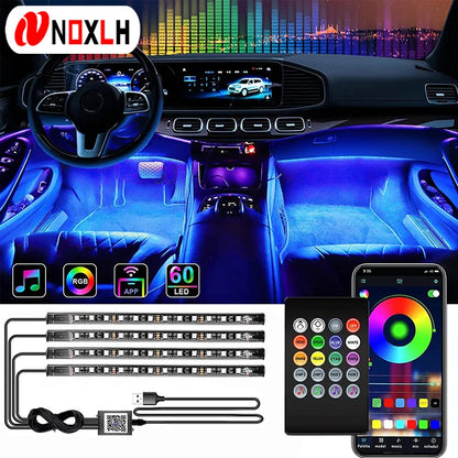 Kit de Luces LED Neón RGB para Interior de Coche | Tiras Decorativas con Control Remoto, App y Modo Música