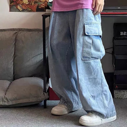 2025 Jeans Men's Oversize Cargo Korean Black Wide Pants Streetwear Hip Hop Harajuku Male Fashion Straight Denim Pants