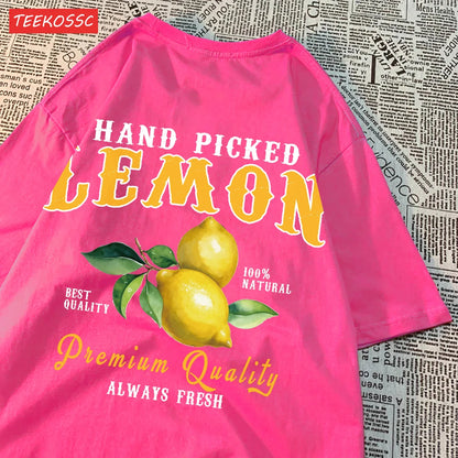 Camiseta Oversize Mujer Verano | Algodón Estampado Limones y Cerezas Casual