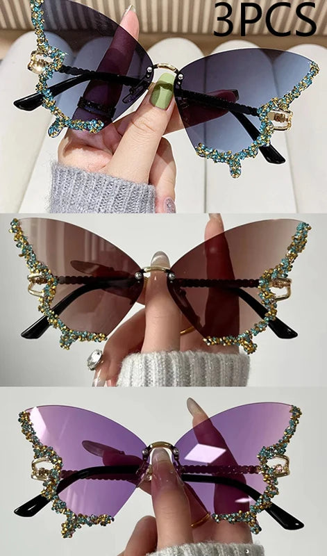Gafas de Sol Mariposa Diamante Mujer | Vintage Y2K Oversized Rimless Eyewear de Lujo