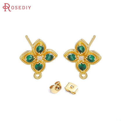 4PCS Aretes Flor Color Oro con Zirconia | Accesorios DIY Bisutería