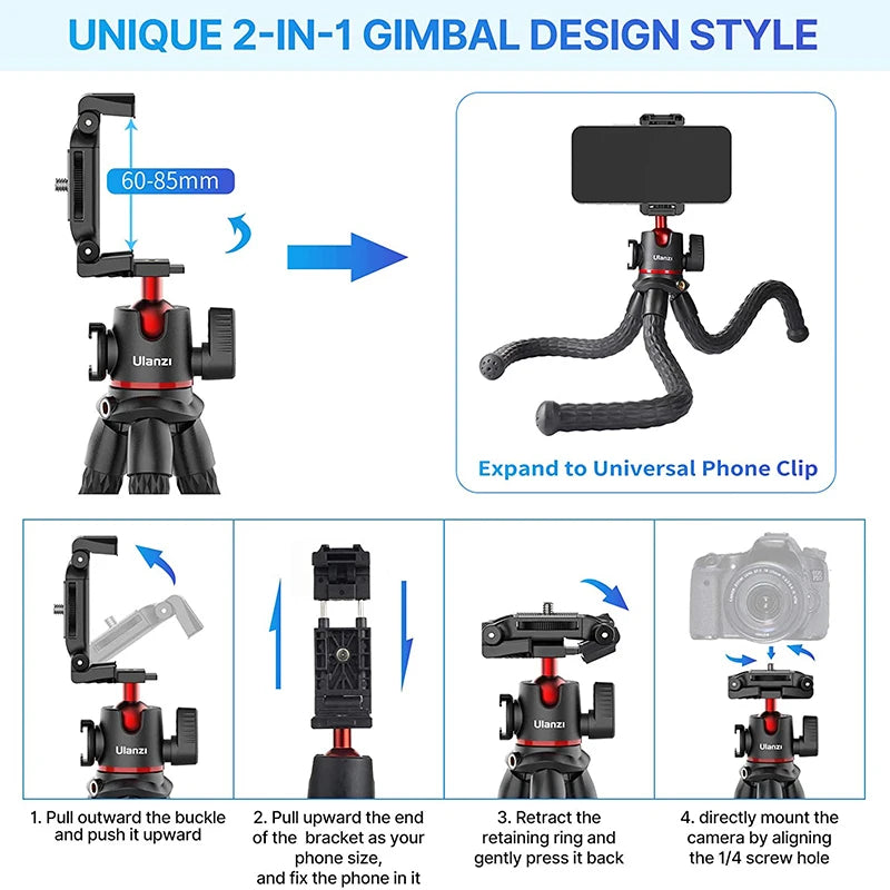 VIJIM Ulanzi MT-33 | Trípode Flexible Octopus 2 en 1 con Soporte para Teléfono y Cámara DSLR, Zapata Fría Lateral y Rosca 1/4”