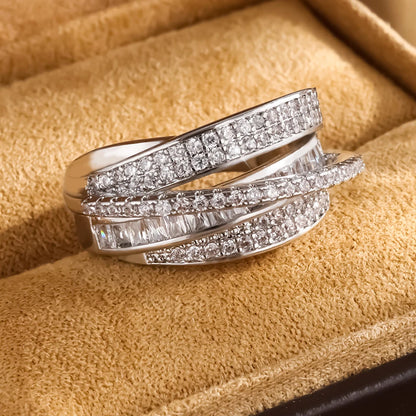 Light Luxury Inlaid Cubic Zircon Finger Ring For Women Classic Cross Design Open Ring Bride Jewelry For Engagement Wedding