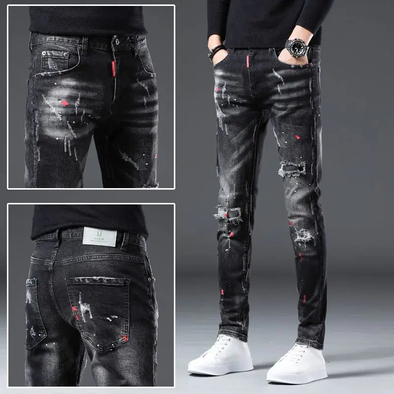Jeans Slim Hombre Ripped Pintura | Pantalón Vaquero Streetwear Lujo Primavera Otoño 2025