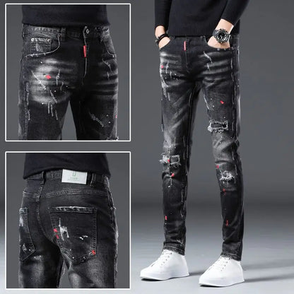 Jeans Slim Hombre Ripped Pintura | Pantalón Vaquero Streetwear Lujo Primavera Otoño 2025