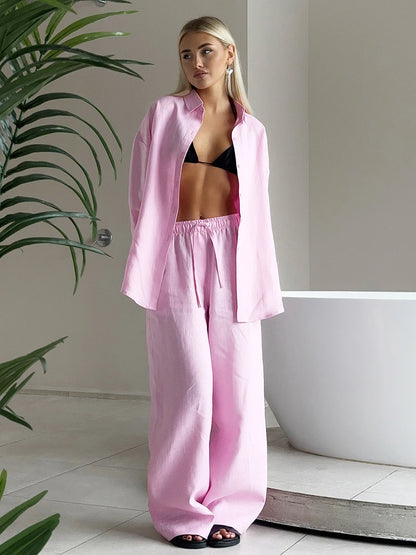 Conjunto Casual Mujer Algodón | Set Camisa Manga Larga y Pantalón con Cintura Elástica