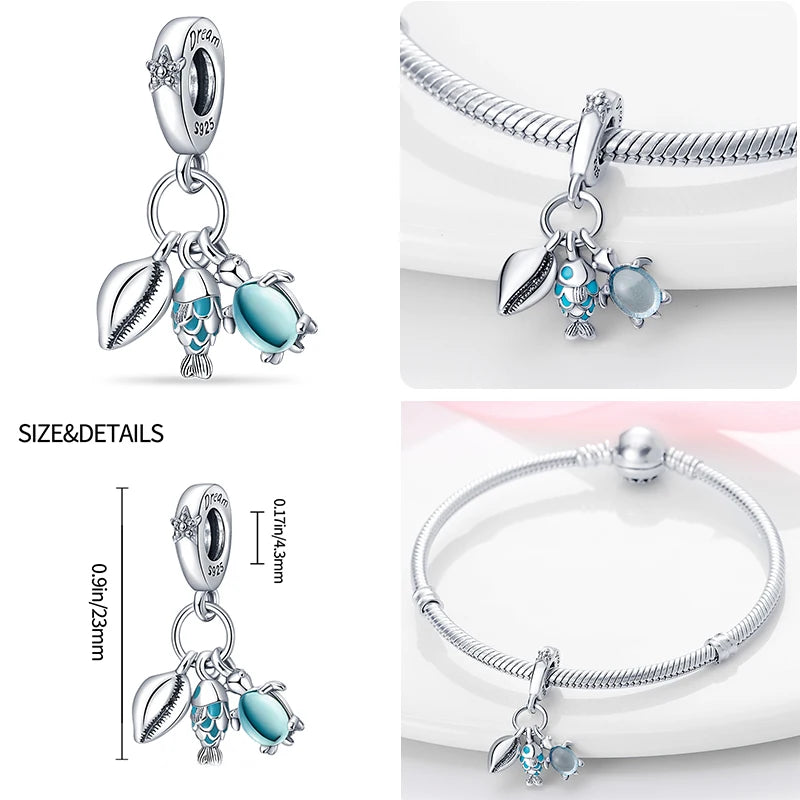 Charm Serie Océano en Plata 925 – Abalorios Tortuga, Cangrejo y Sirena para Pulsera Original Mujer
