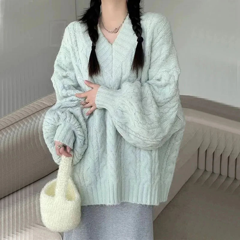 Suéter Oversize Mujer Tejido | Jersey de Punto V-Cuello Harajuku Coreano Otoño Invierno