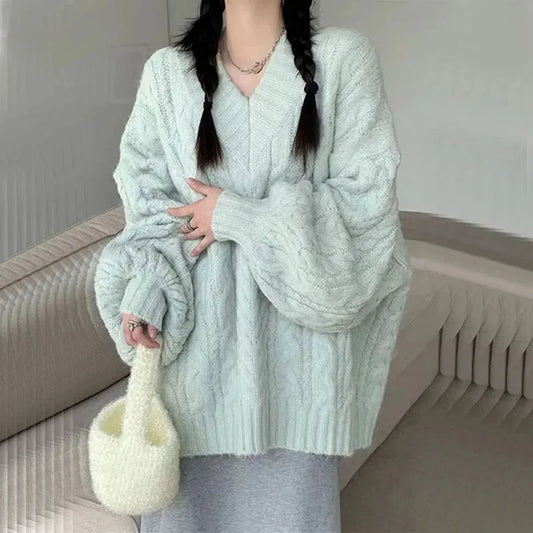 Suéter Oversize Mujer Tejido | Jersey de Punto V-Cuello Harajuku Coreano Otoño Invierno
