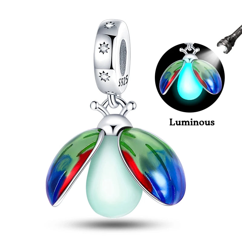 100% 925 Sterling Silver Creative Blue Luminous Firefly Charms Pendants Fit Qikaola 925 Original Bracelets DIY Birthday Jewelry