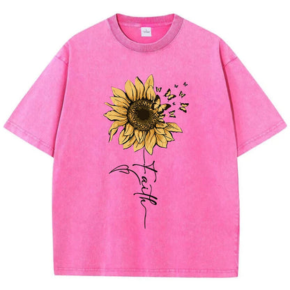 Camiseta Oversize Mujer Vintage Negra | Algodón Lavado Estampado Girasol y Mariposa
